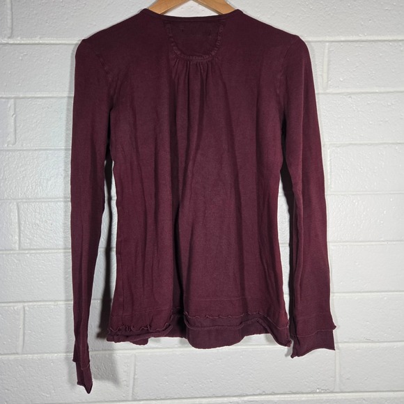 Stewart + Brown Top Medium Maroon Lace Ruffle Henley Waffle Knit Boho Minimalist - Picture 9 of 9